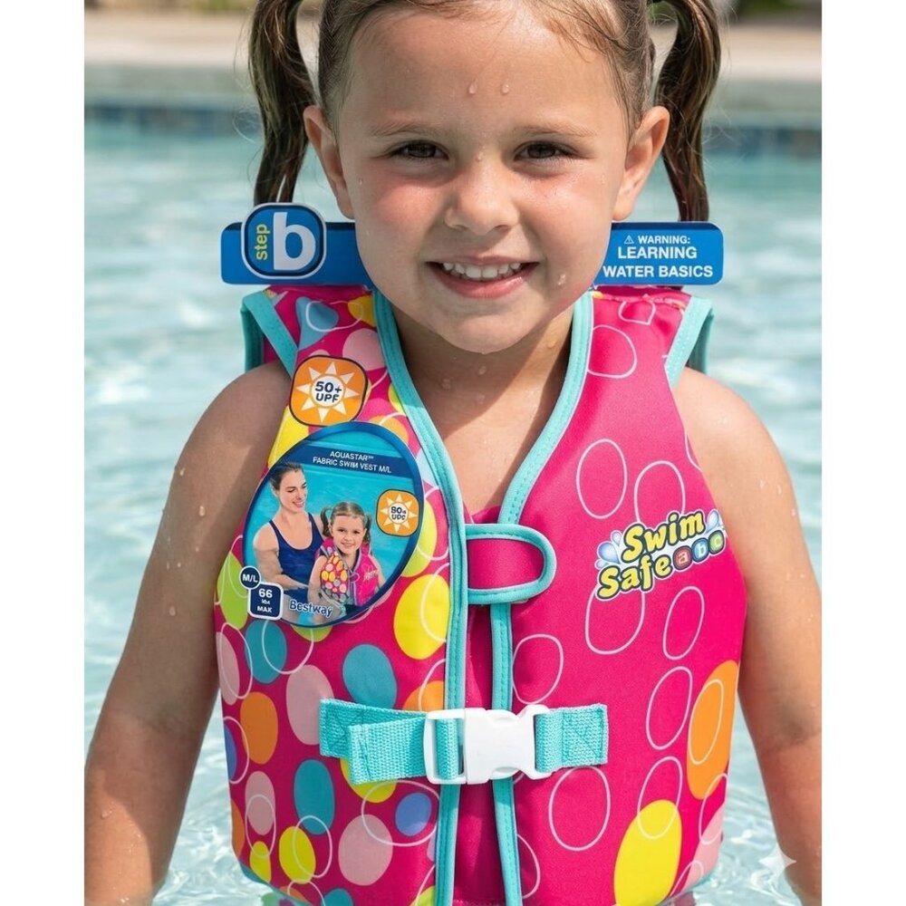 Bestway Swim Safe ABC AquaStar Fabric Swim Vest M/L Pink Girls 66lbs Max UPF 50+